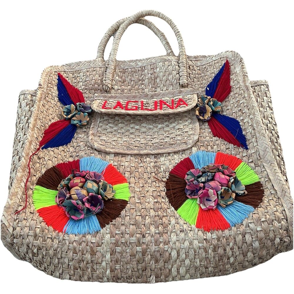 Vintage Laguna Straw Woven Tote Bag Floral Boho Beach Market Handbag Large